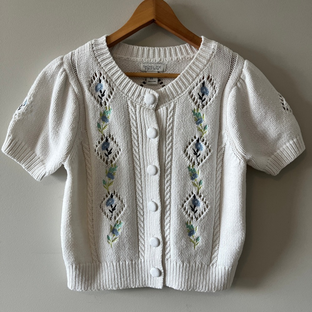 Rachel Zoe Floral Cardigan Sweater Cottagecore White M Short Puff Sleeve